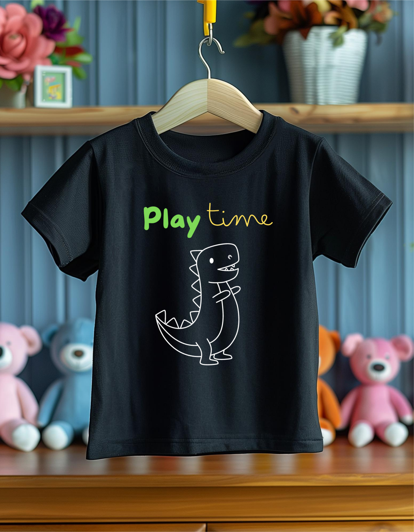 Fun and Comfortable Boys' Black T-Shirt with Cute Dinosaur Design