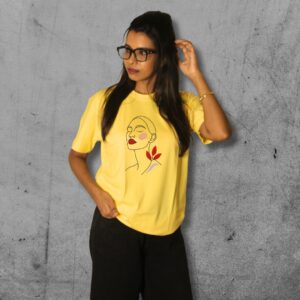 Serene Line Art Yellow Cotton Tee - Image 3