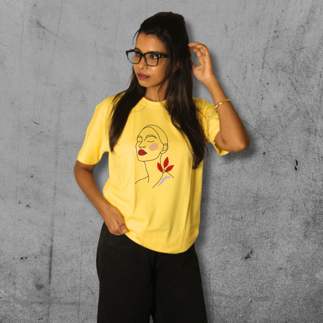 Serene Line Art Yellow Cotton Tee - Image 3