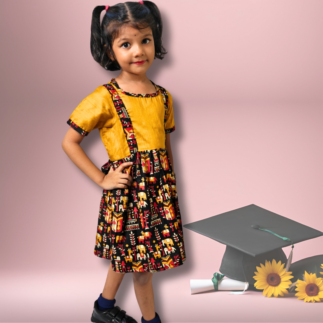 Mustard Yellow and Black Kalamkari Print Frock for girls - Image 2