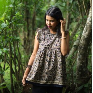 Black Kalamkari Printed Cotton Top for Women