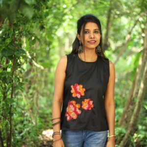 Black Cotton Top with Appliqué Work for Women