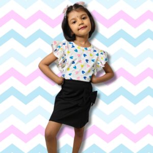 Printed Blue Ruffle Sleeve Top & Black Bow Pencil Skirt Set for Girls