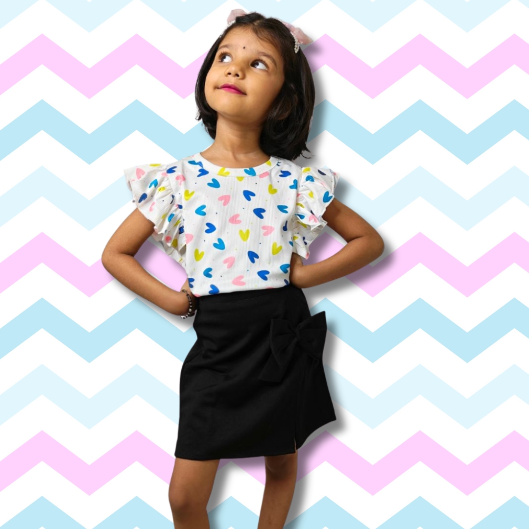 Printed Blue Ruffle Sleeve Top & Black Bow Pencil Skirt Set for Girls - Image 2