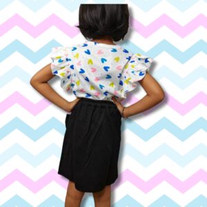 Printed Blue Ruffle Sleeve Top & Black Bow Pencil Skirt Set for Girls - Image 3