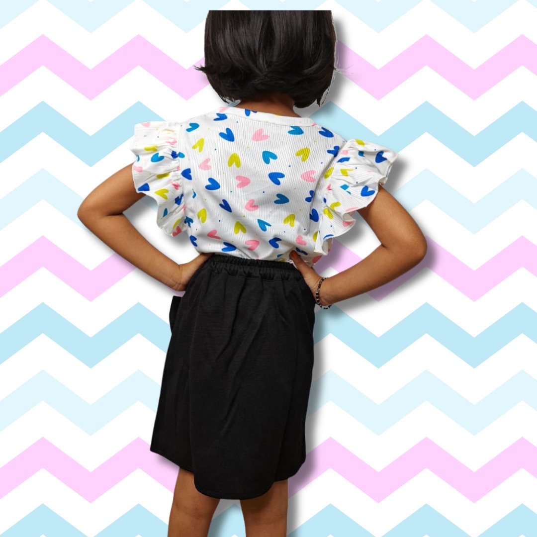 Printed Blue Ruffle Sleeve Top & Black Bow Pencil Skirt Set for Girls - Image 3