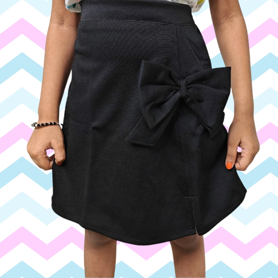 Printed Blue Ruffle Sleeve Top & Black Bow Pencil Skirt Set for Girls - Image 4