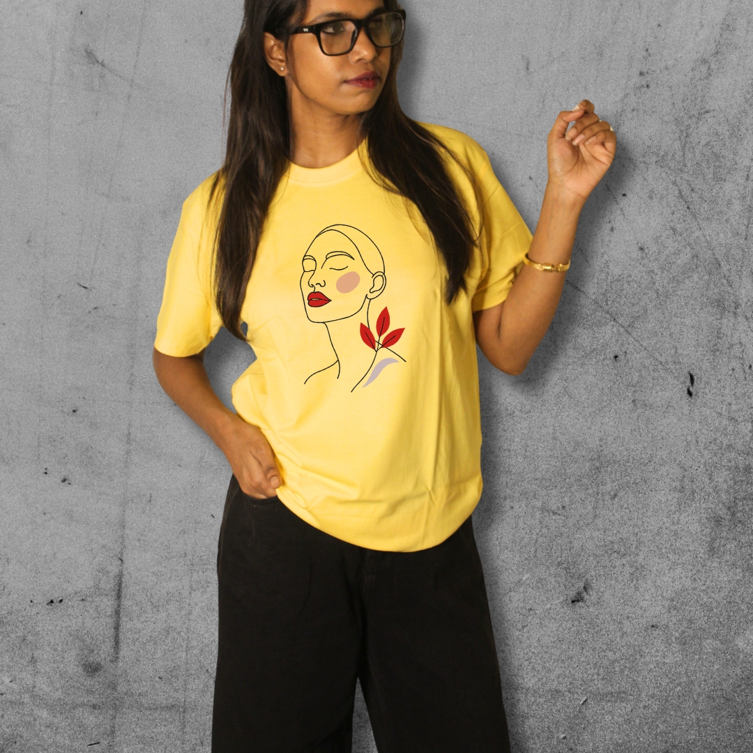 Serene Line Art Yellow Cotton Tee - Image 2