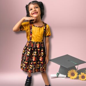 Mustard Yellow and Black Kalamkari Print Frock for girls - Image 3