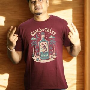 Sails & Tales “HUK Fishing” Adventure Maroon/Black Tee - Image 3