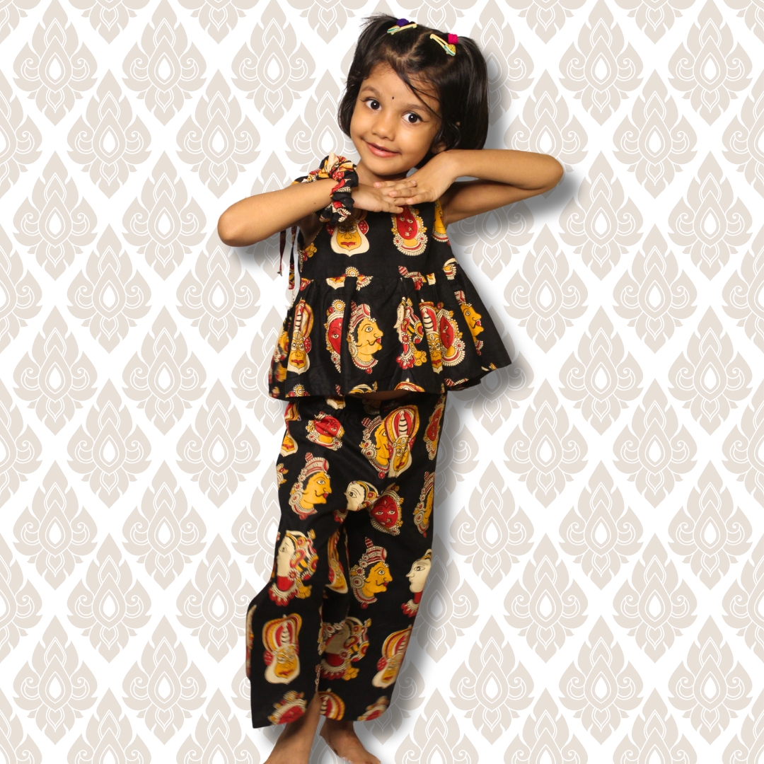 Black Kathakali Face Print Co-ord set for Kids - Image 2