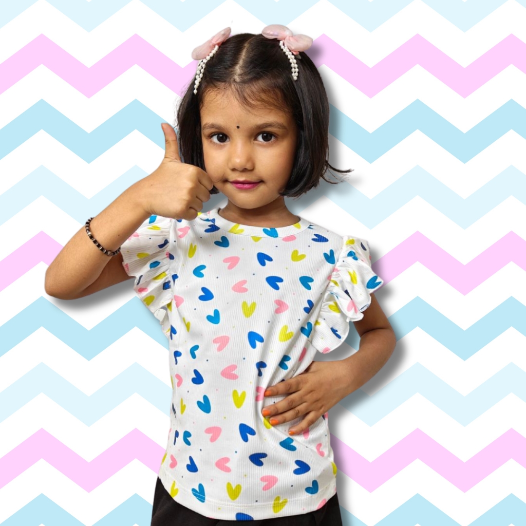Printed Blue Ruffle Sleeve Top & Black Bow Pencil Skirt Set for Girls - Image 5