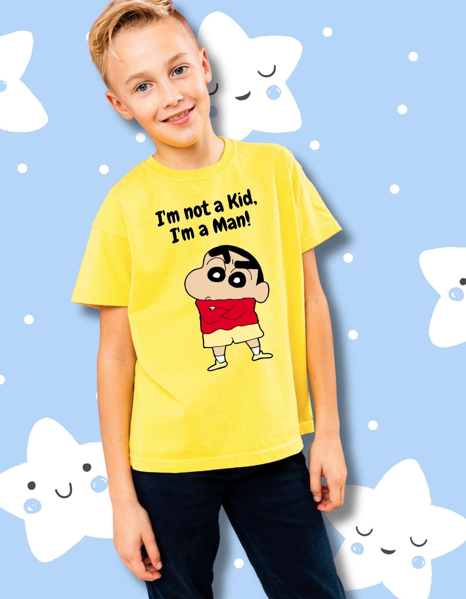 Yellow Cotton T-Shirt – Shinchan “I’m Not a Kid, I’m a Man” Print for Boys - Image 2
