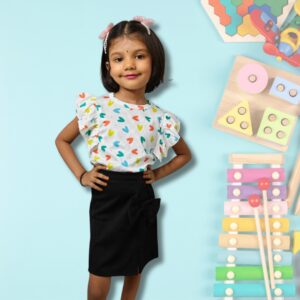 Printed Blue Ruffle Sleeve Top & Black Bow Pencil Skirt Set for Girls - Image 6