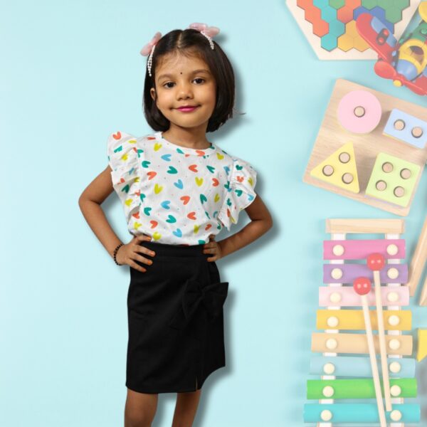 Printed Blue Ruffle Sleeve Top & Black Bow Pencil Skirt Set for Girls