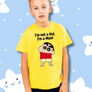 Yellow Cotton T-Shirt – Shinchan “I’m Not a Kid, I’m a Man” Print for Boys