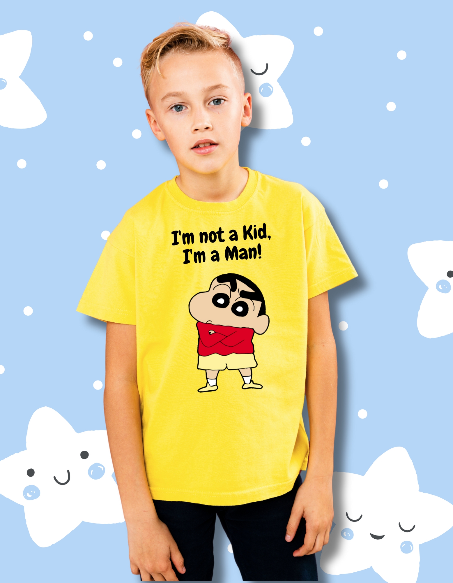 Yellow Cotton T-Shirt – Shinchan “I’m Not a Kid, I’m a Man” Print for Boys - Image 1