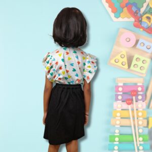 Printed Green Ruffle Sleeve Top & Black Bow Pencil Skirt Set for Girls - Image 3