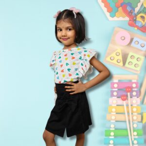 Printed Green Ruffle Sleeve Top & Black Bow Pencil Skirt Set for Girls