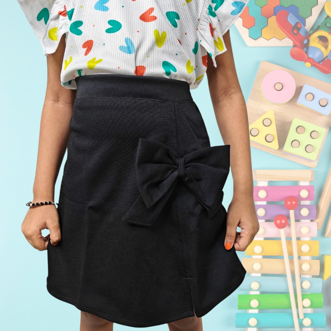 Printed Green Ruffle Sleeve Top & Black Bow Pencil Skirt Set for Girls - Image 5