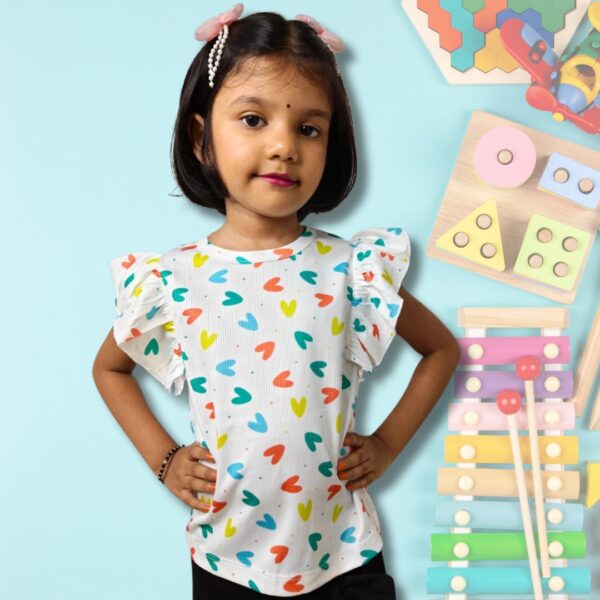 Printed Green Ruffle Sleeve Top & Black Bow Pencil Skirt Set for Girls