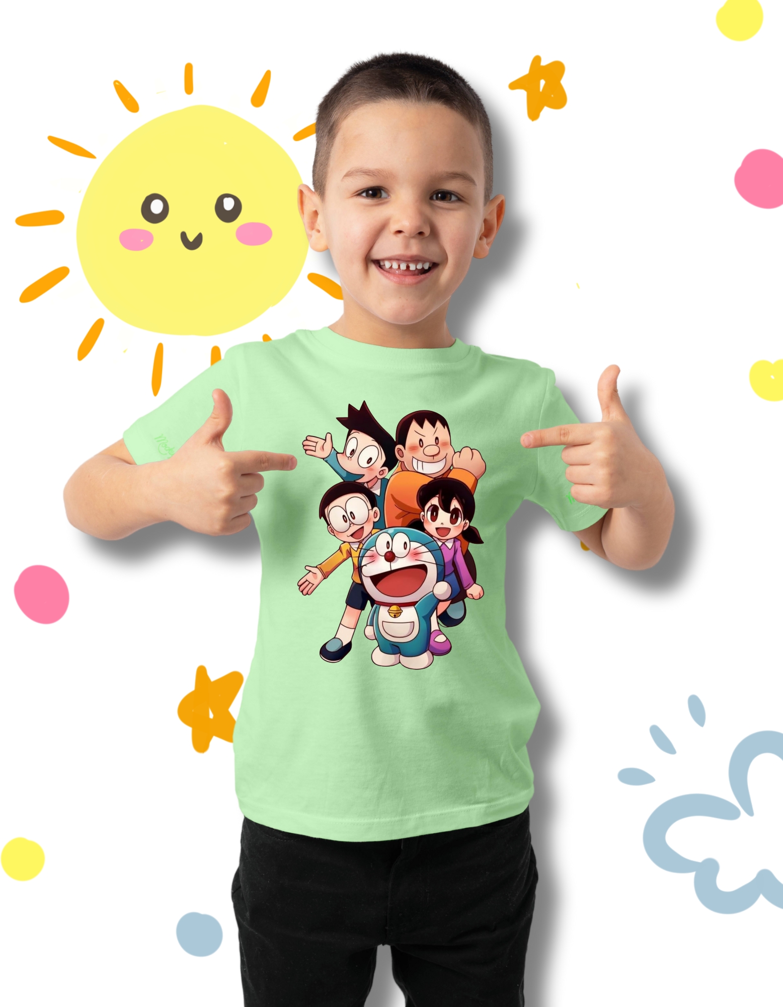 Doraemon & Friends Printed Mint Green Cotton Tee for Boys - Image 1