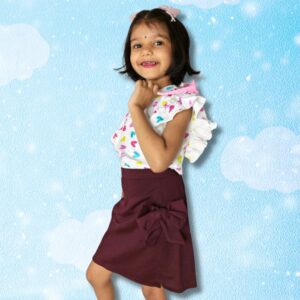 Printed purple Ruffle Sleeve Top & Wine Bow Pencil Skirt Set for Girls - Image 2