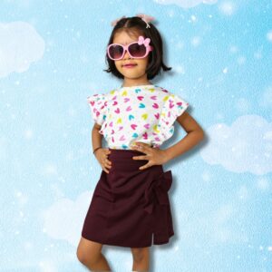 Printed purple Ruffle Sleeve Top & Wine Bow Pencil Skirt Set for Girls