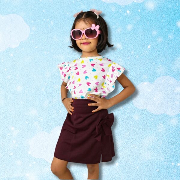 Printed purple Ruffle Sleeve Top & Wine Bow Pencil Skirt Set for Girls