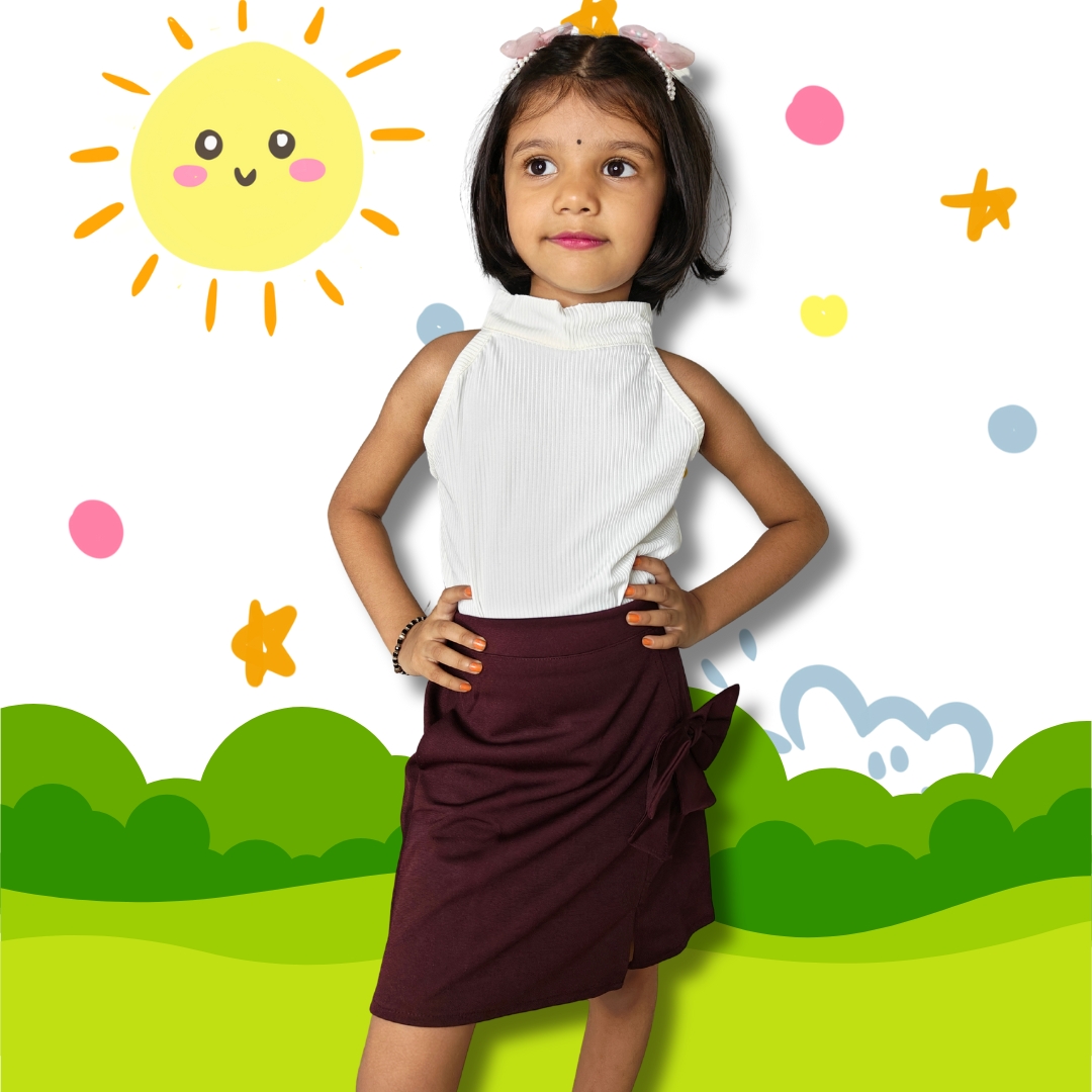 White Halter Neck Top with Wine Bow Pencil Skirt Set - Image 2