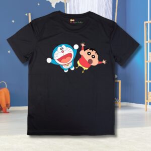 Doraemon Shinchan Printed Black Unisex Regular T-Shirt - Image 2