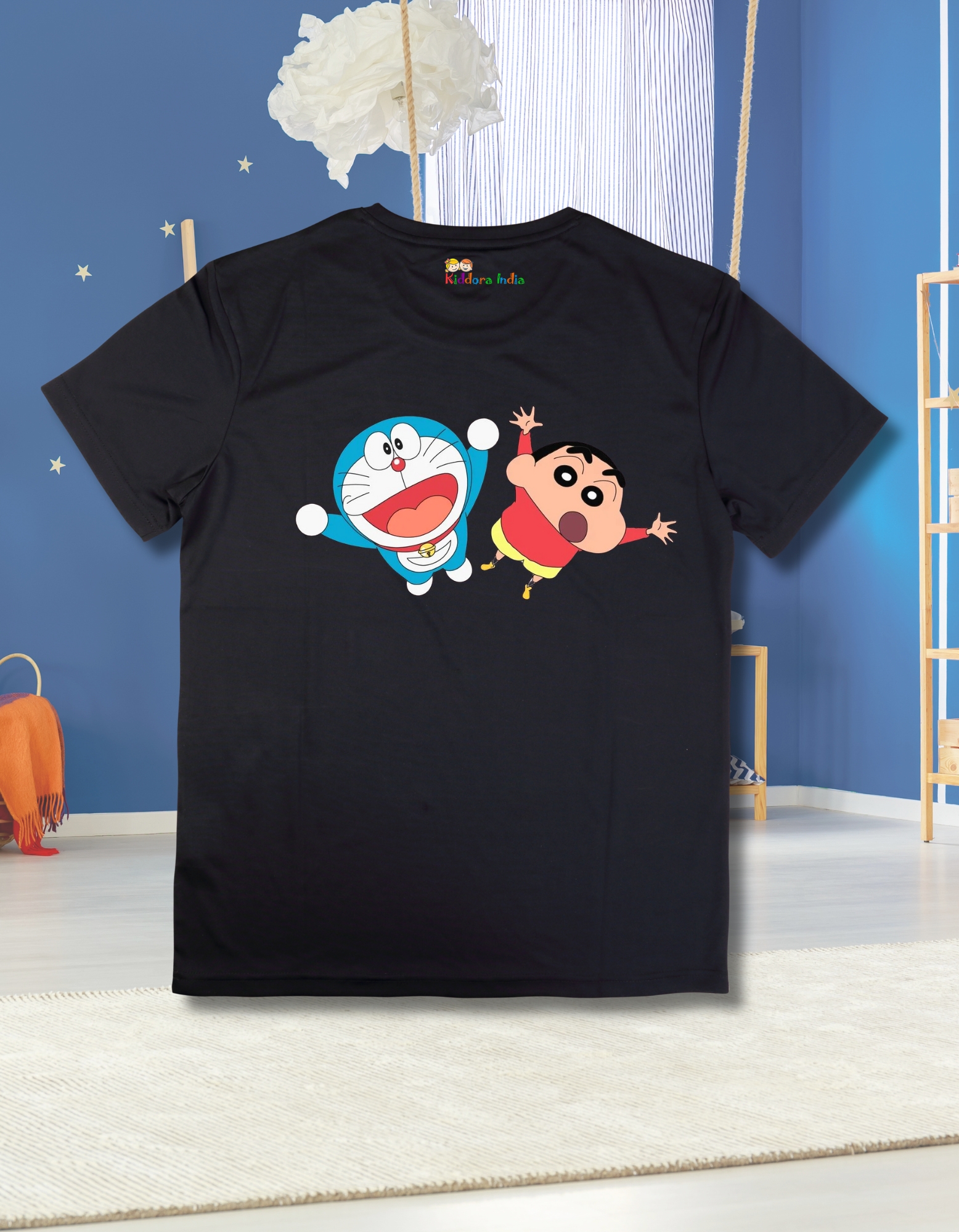 Doraemon Shinchan Printed Black Unisex Regular T-Shirt - Image 2