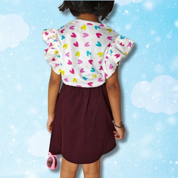 Printed purple Ruffle Sleeve Top & Wine Bow Pencil Skirt Set for Girls
