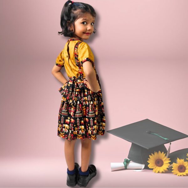 Mustard Yellow and Black Kalamkari Print Frock for girls