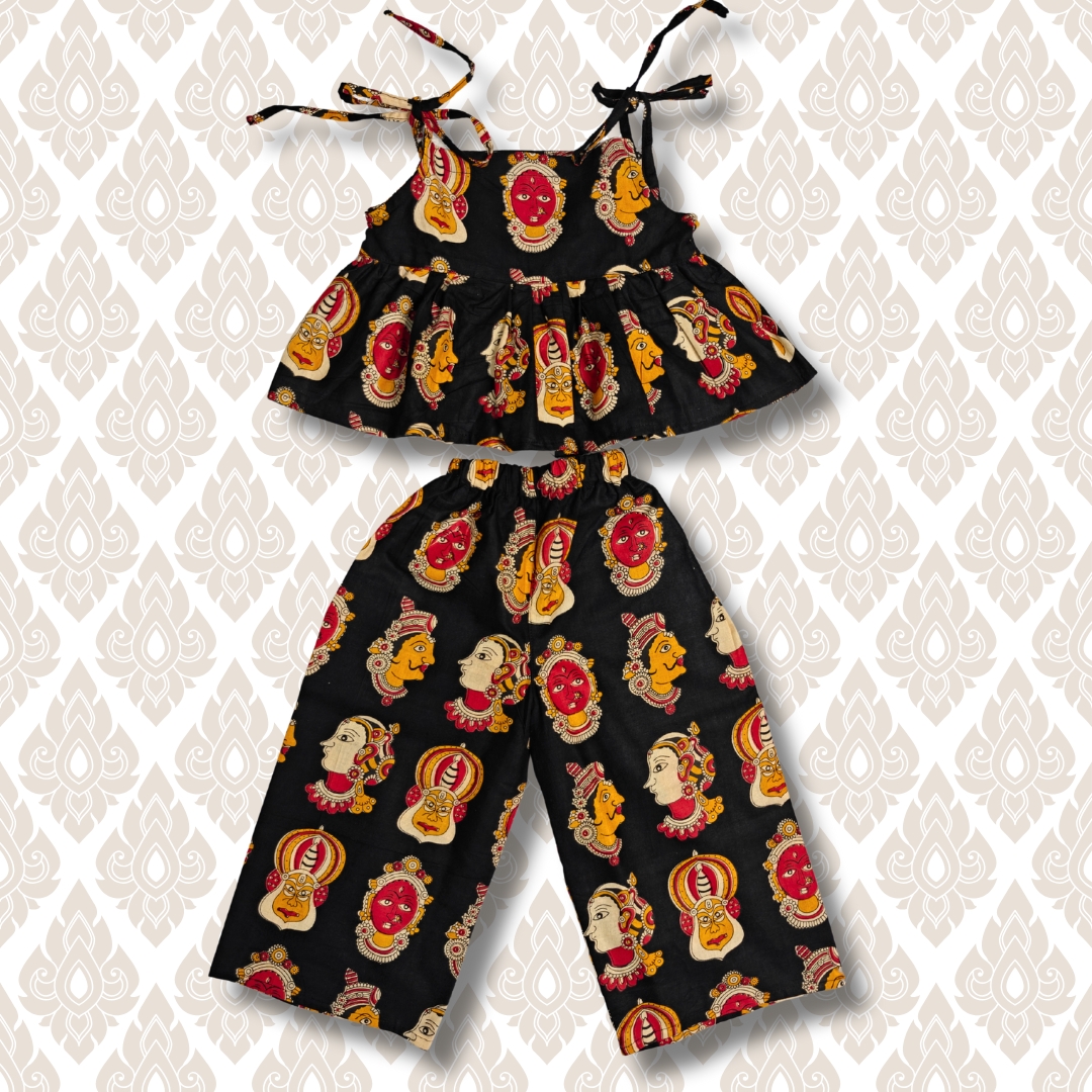 Black Kathakali Face Print Co-ord set for Kids - Image 3