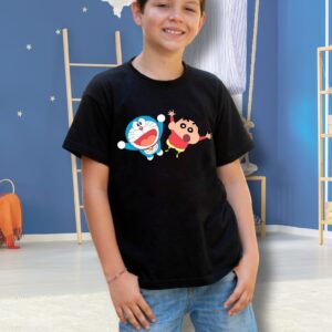 Doraemon Shinchan Printed Black Unisex Regular T-Shirt