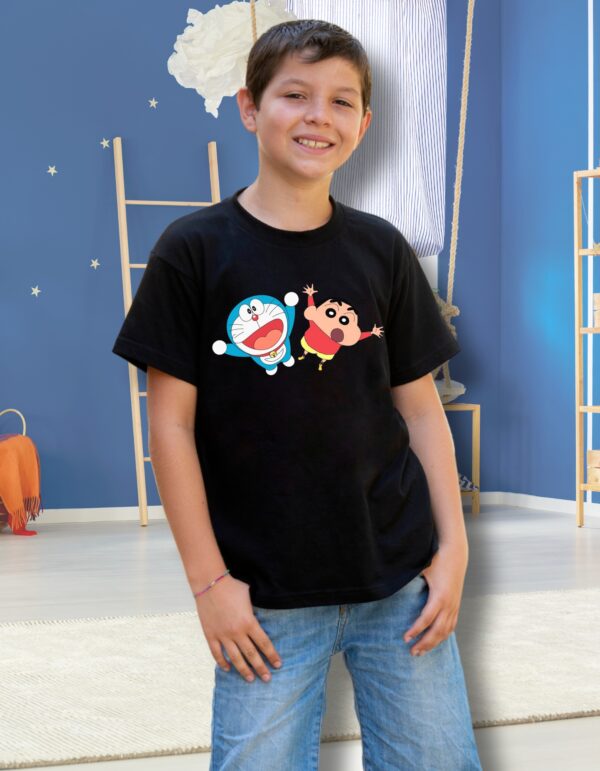 Doraemon Shinchan Printed Black Unisex Regular T-Shirt