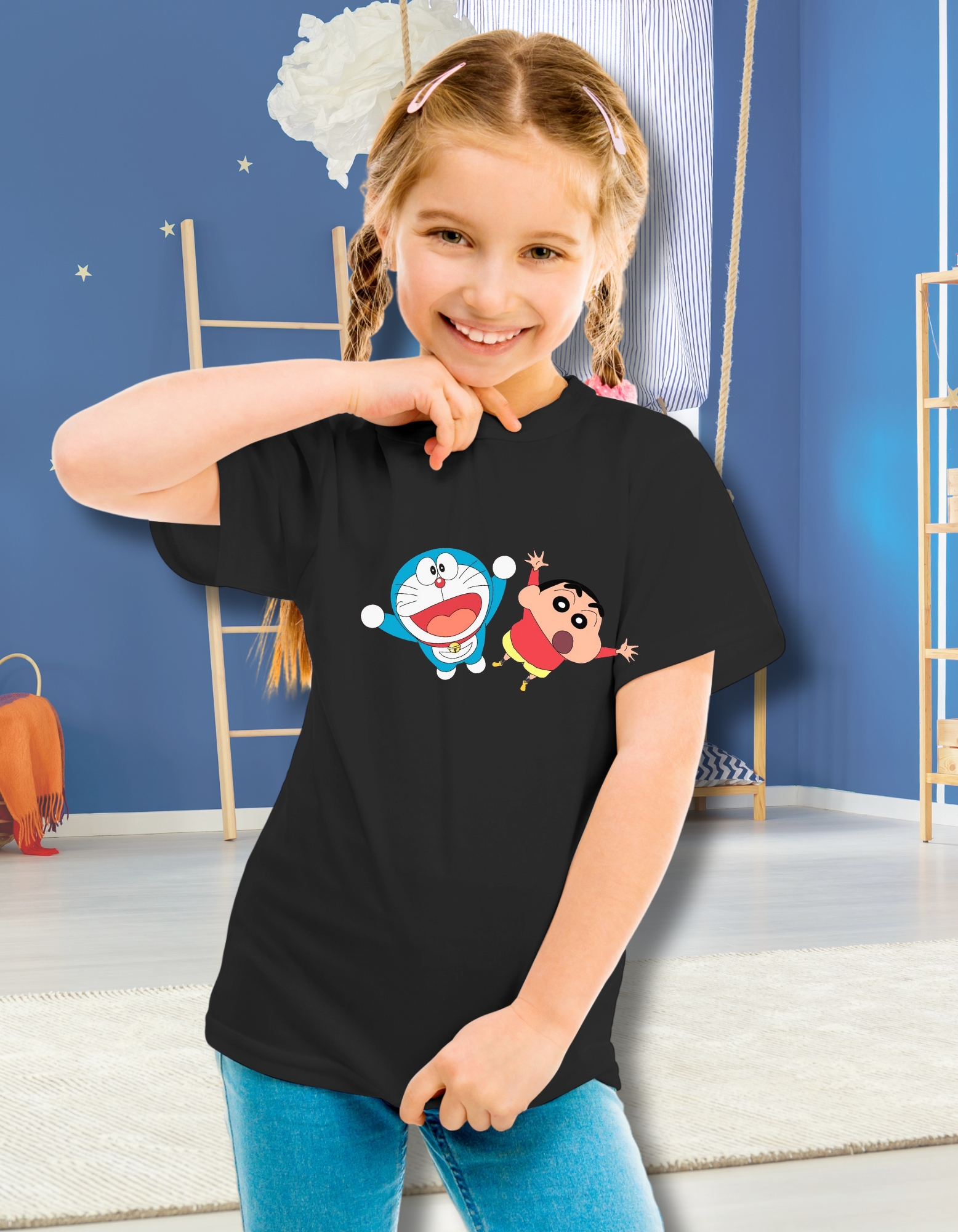 Doraemon Shinchan Printed Black Unisex Regular T-Shirt - Image 3