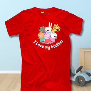 Unisex Red Cotton T-Shirt – "I Love My Buddies" Cartoon Print - Image 3