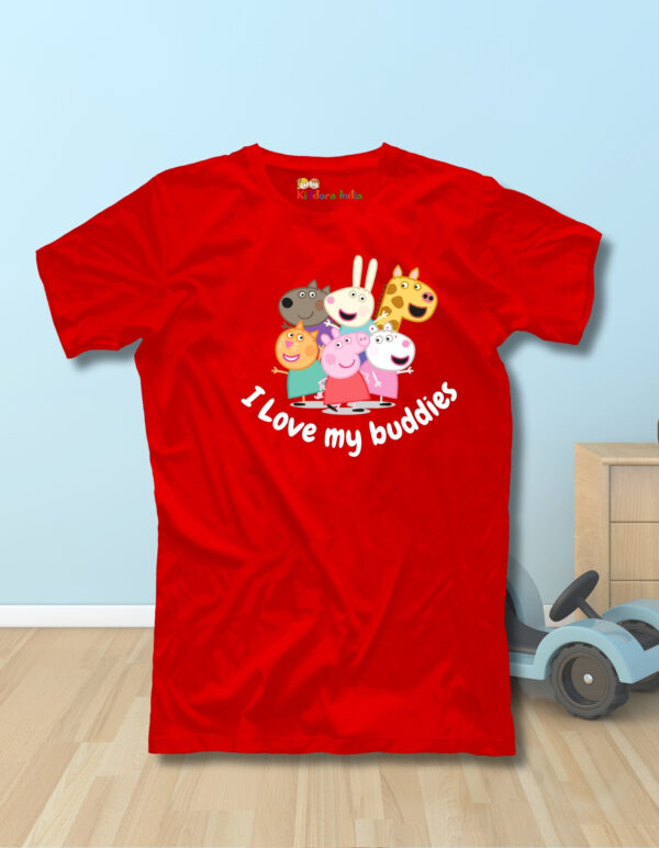 Unisex Red Cotton T-Shirt – "I Love My Buddies" Cartoon Print