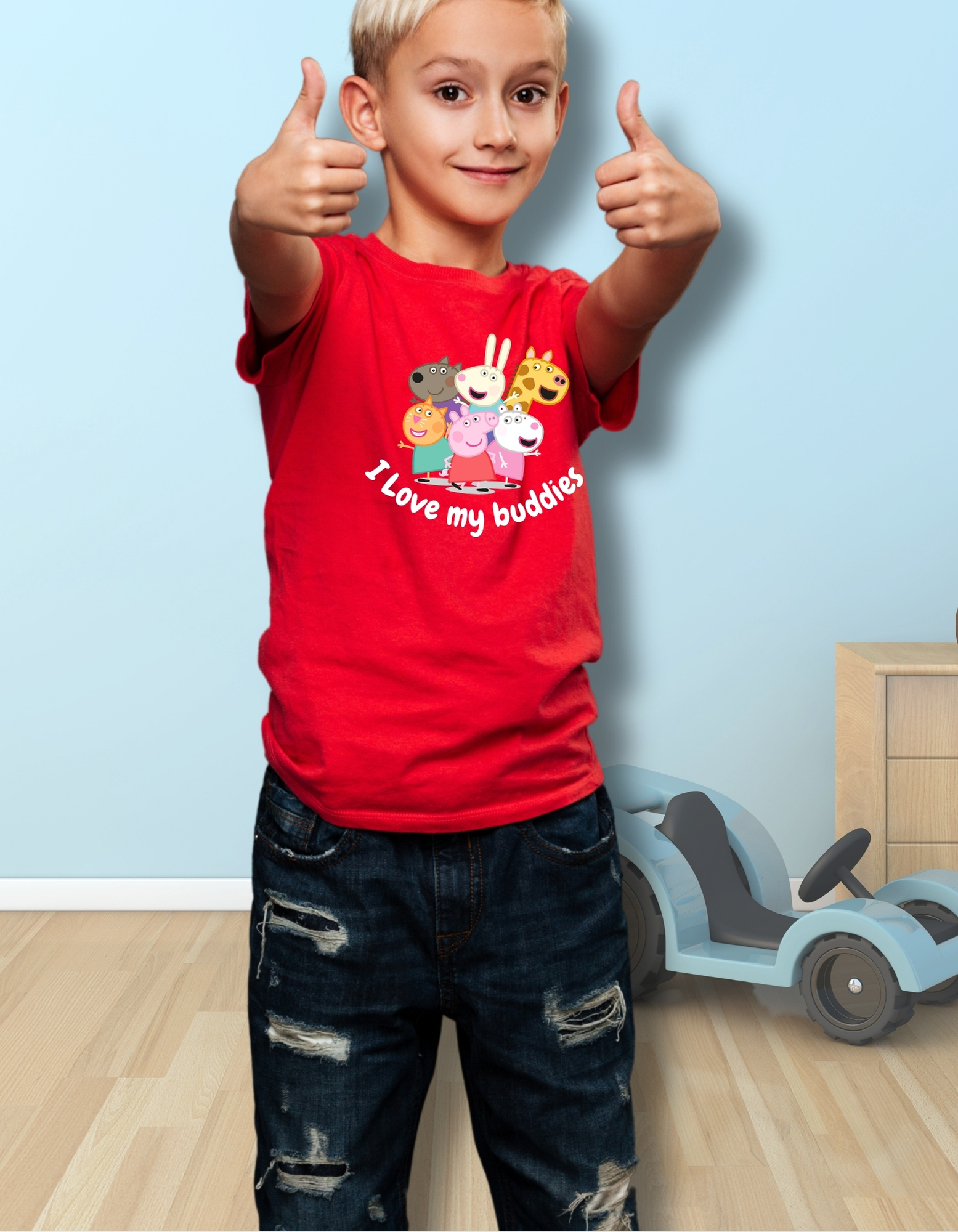Unisex Red Cotton T-Shirt – "I Love My Buddies" Cartoon Print - Image 1