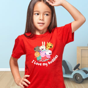 Unisex Red Cotton T-Shirt – "I Love My Buddies" Cartoon Print - Image 2