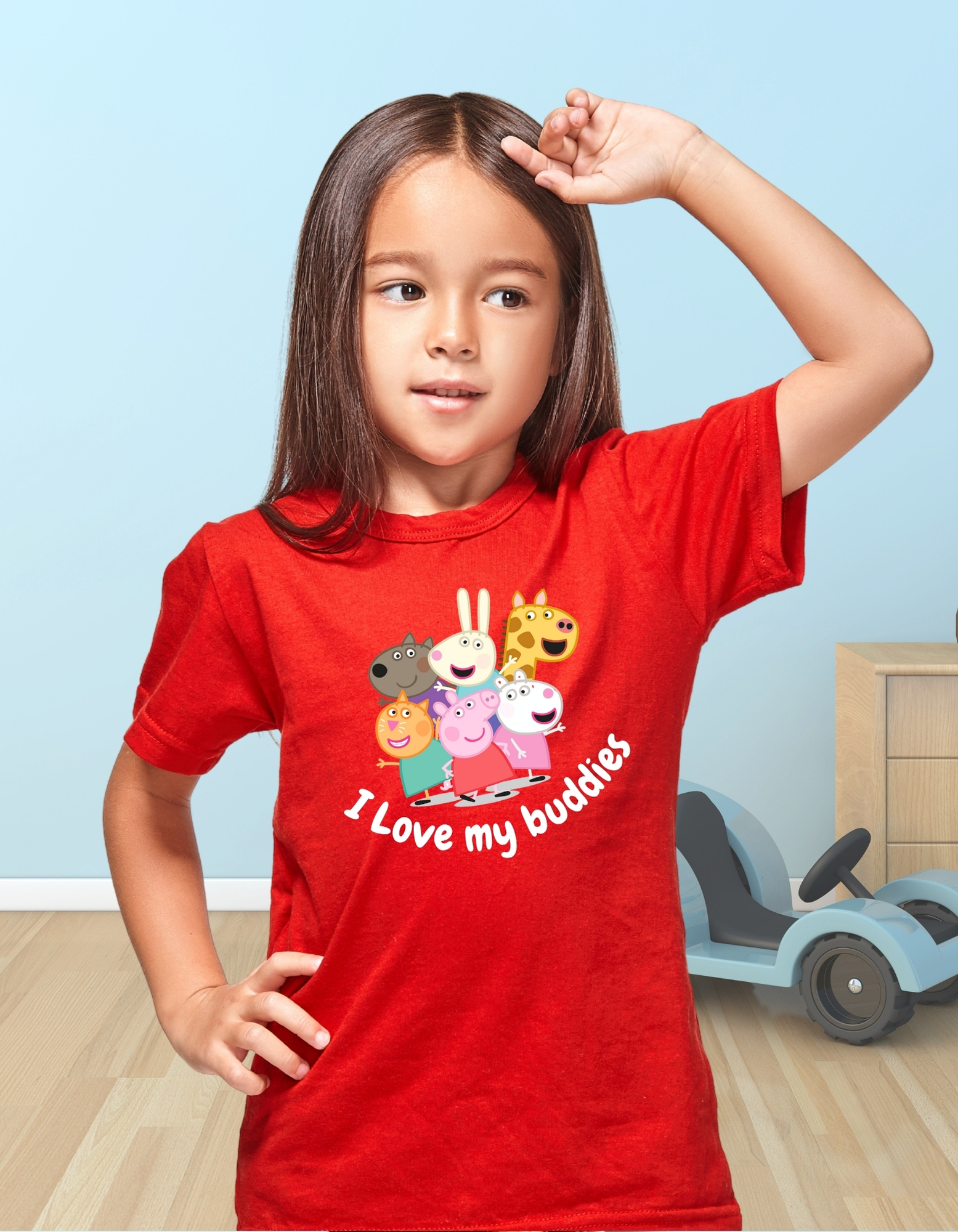 Unisex Red Cotton T-Shirt – "I Love My Buddies" Cartoon Print - Image 2