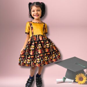 Mustard Yellow and Black Kalamkari Print Frock for girls