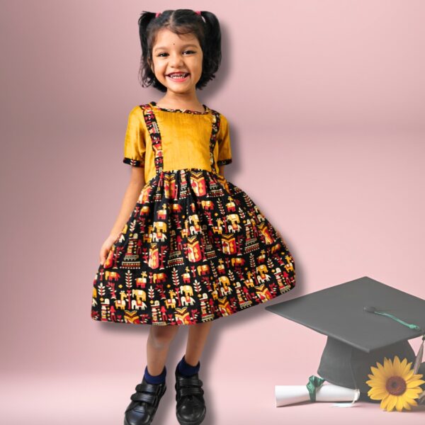 Mustard Yellow and Black Kalamkari Print Frock for girls