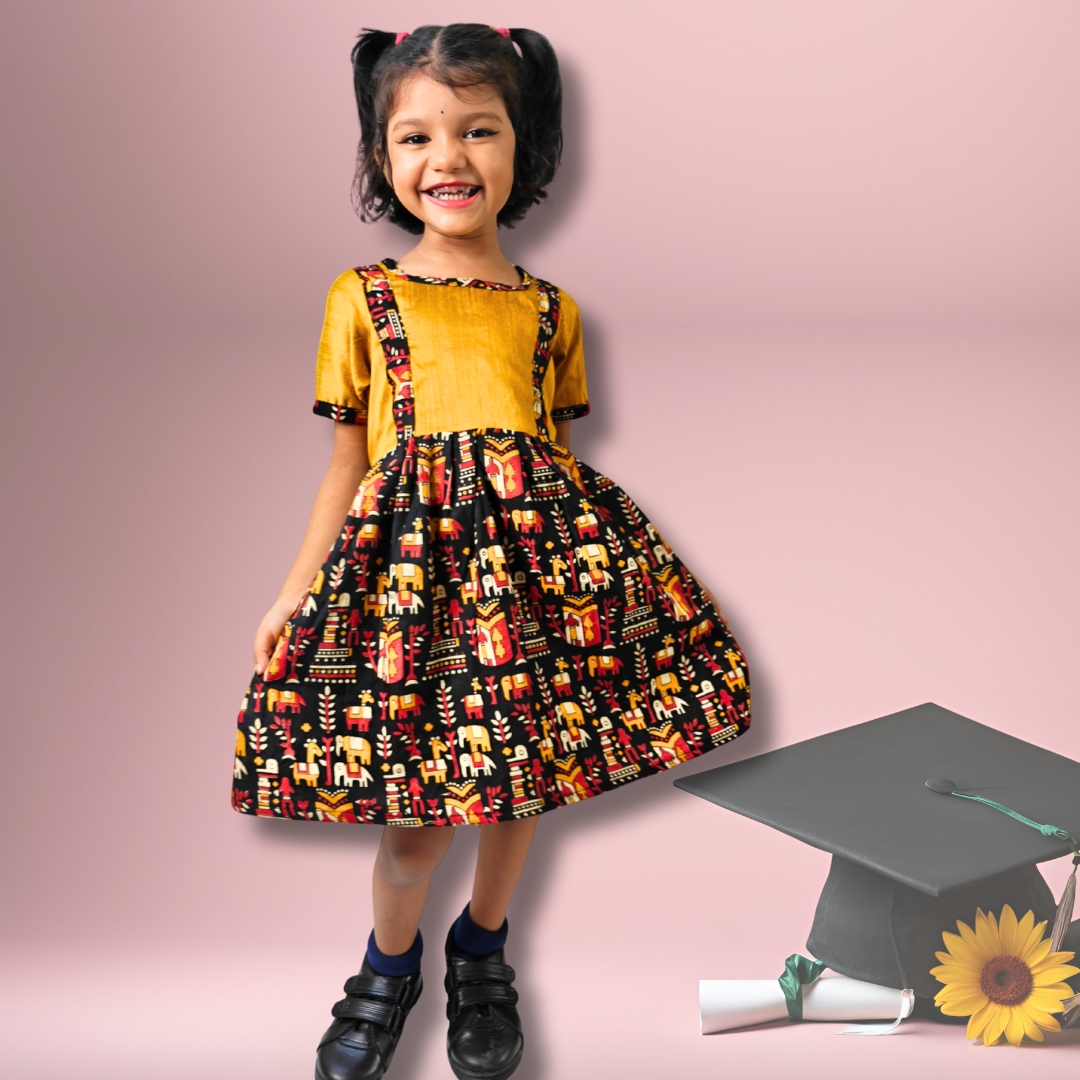Mustard Yellow and Black Kalamkari Print Frock for girls - Image 1