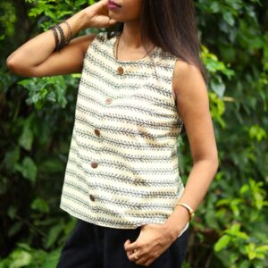 Beige Hand Block Printed Cotton Sleeveless Top - Image 2