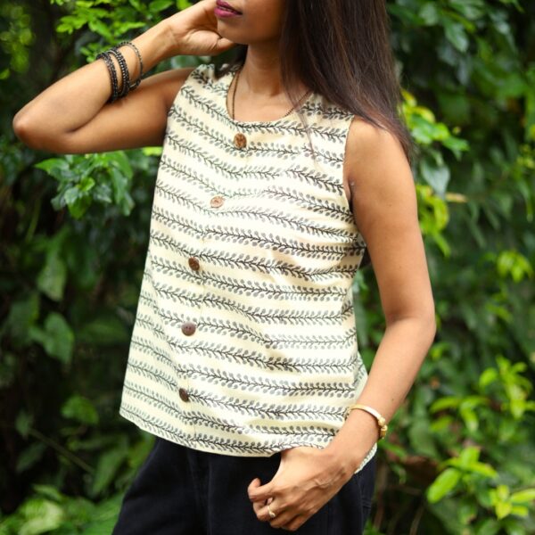 Beige Hand Block Printed Cotton Sleeveless Top