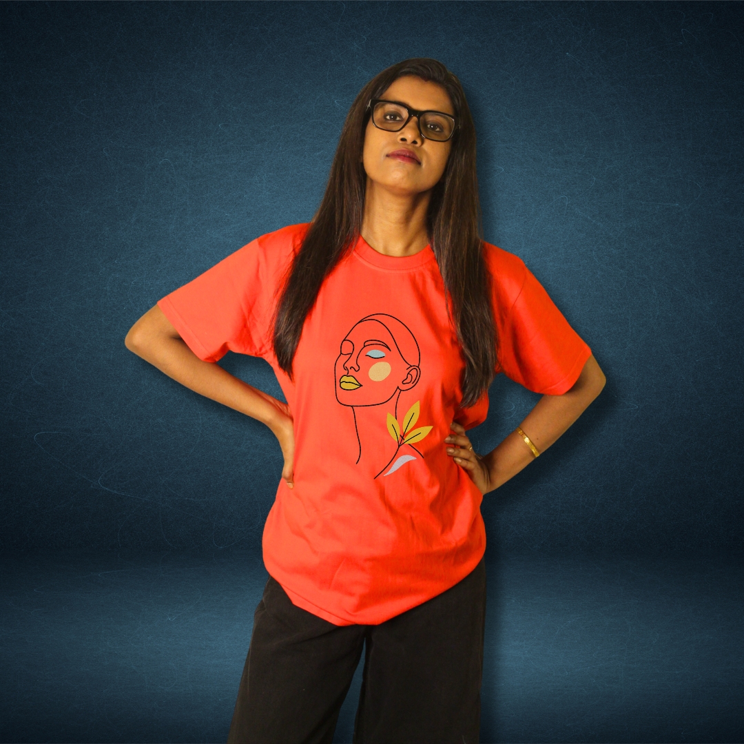 Floral Profile Coral Red Cotton Tee - Image 4
