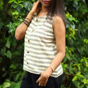 Beige Hand Block Printed Cotton Sleeveless Top